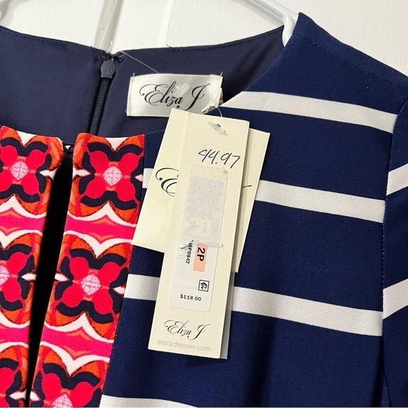 Eliza J Navy Blue Striped Floral Dress 2P 2 Petite O2 - Picture 3 of 7